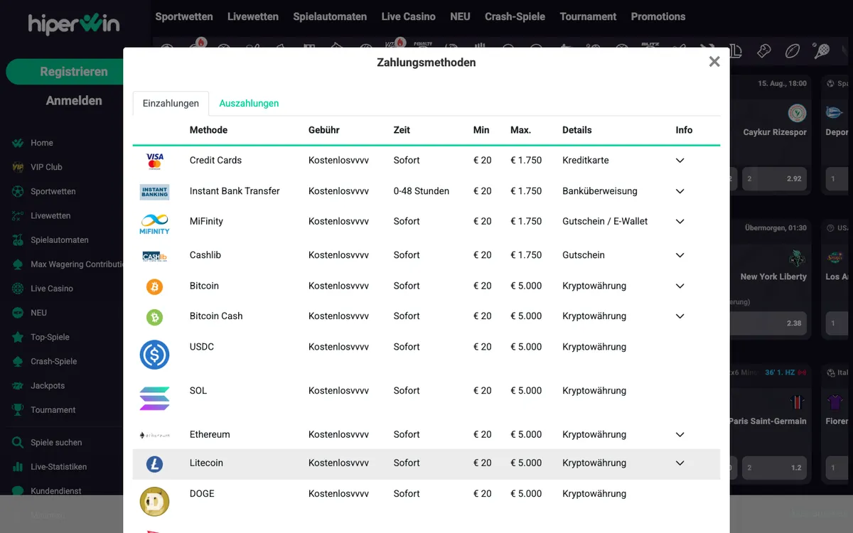 Hiperwin Casino — Payments, captured from Austria
