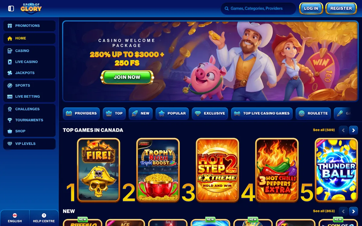 Spins of Glory Casino — Home page, captured from Canada