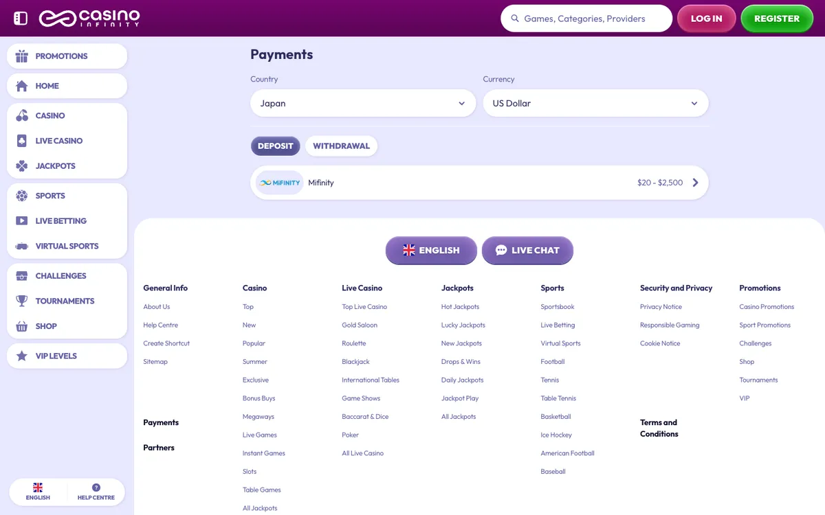 Casino Infinity — Payments, captured from Japan