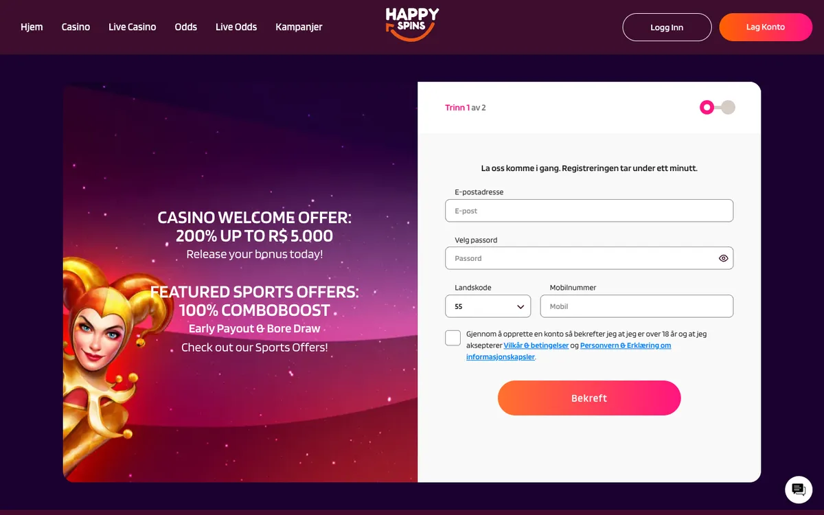 HappySpins Casino — Sign-up, captured from Norway