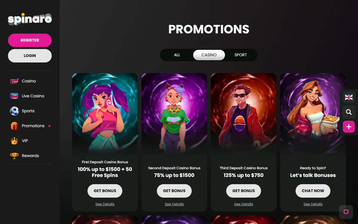 Spinaro Casino — «Акции», снято из страны Канада
