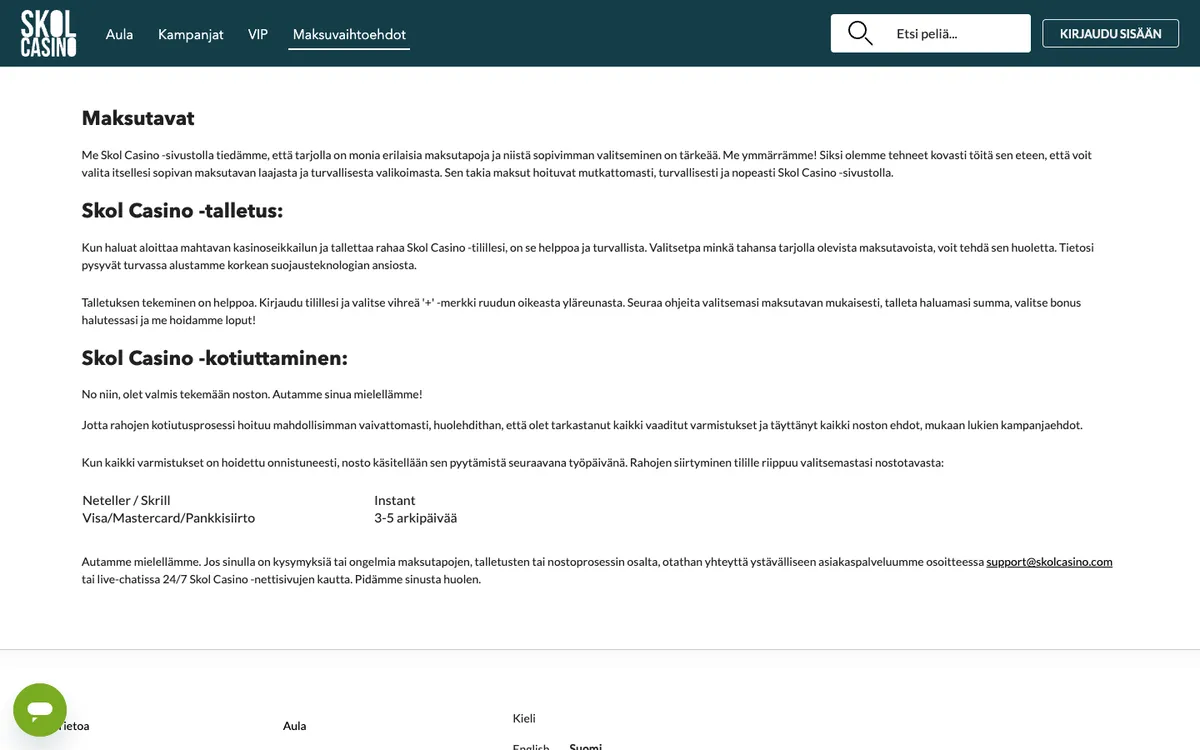 Skol Casino — Payments, captured from Finland