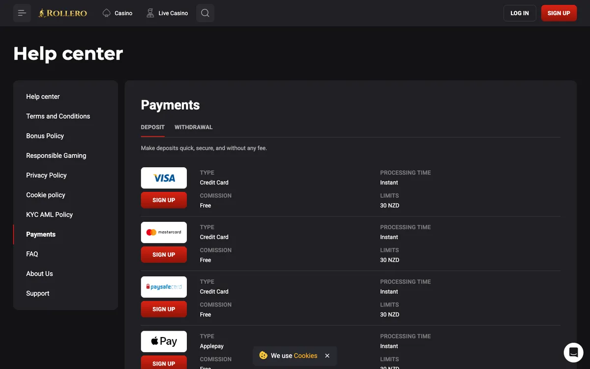 Rollero Casino — «Платежи», снято из страны Новая Зеландия