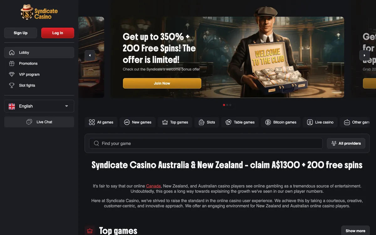 Syndicate Casino — Home page, captured from Austria