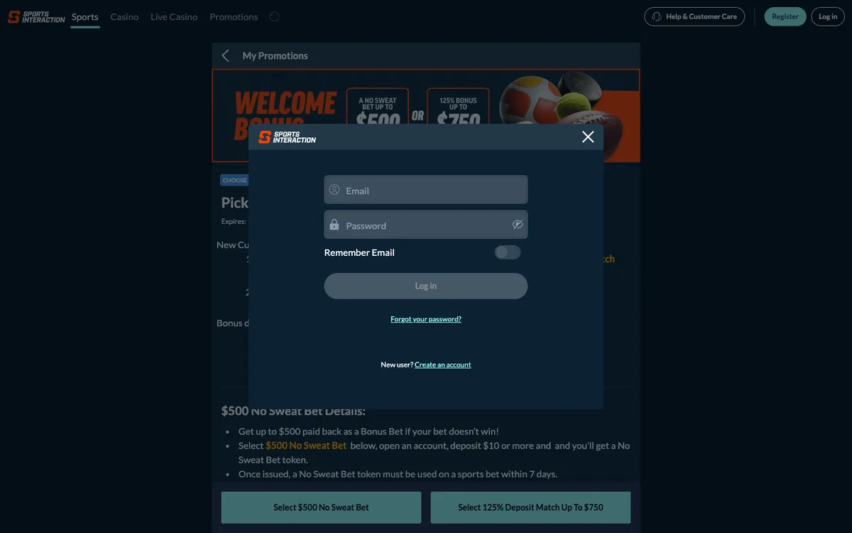 SIA Casino — Sign-up, captured from Canada