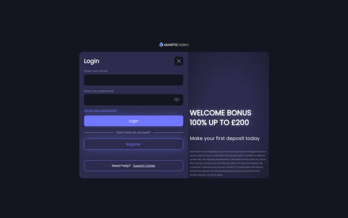 Quartz Casino — Sign-up, captured from United Kingdom