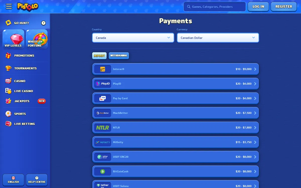 Pistolo Casino — Payments, captured from Canada