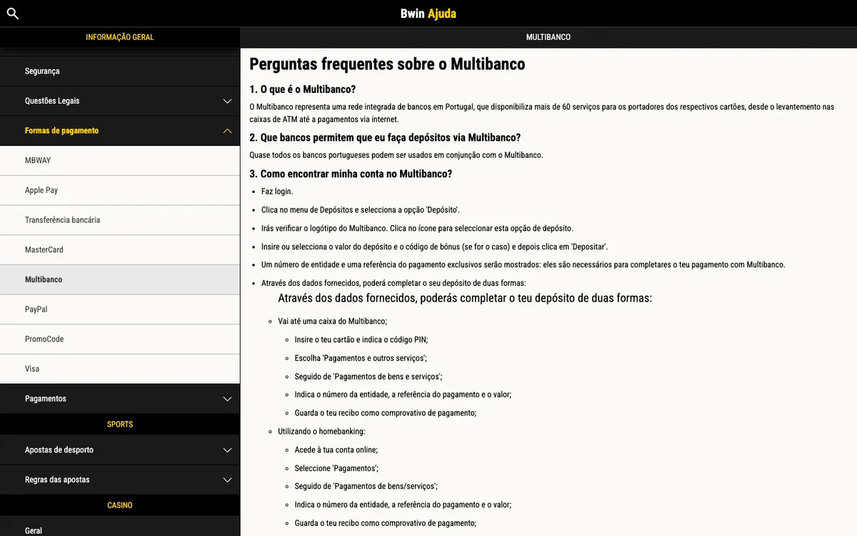 bwin Casino — Payments, captured from Portugal