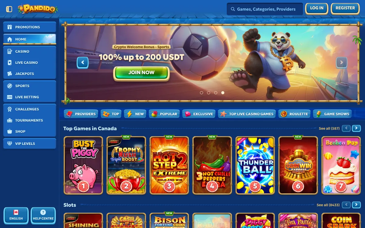 Pandido Casino — Home page, captured from Canada