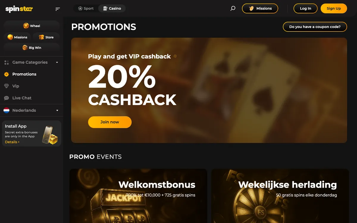 Spinstar Casino — Promotions, captured from Belgium