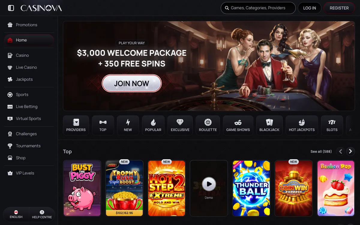 Casinova Casino — «Главная», снято из страны Канада