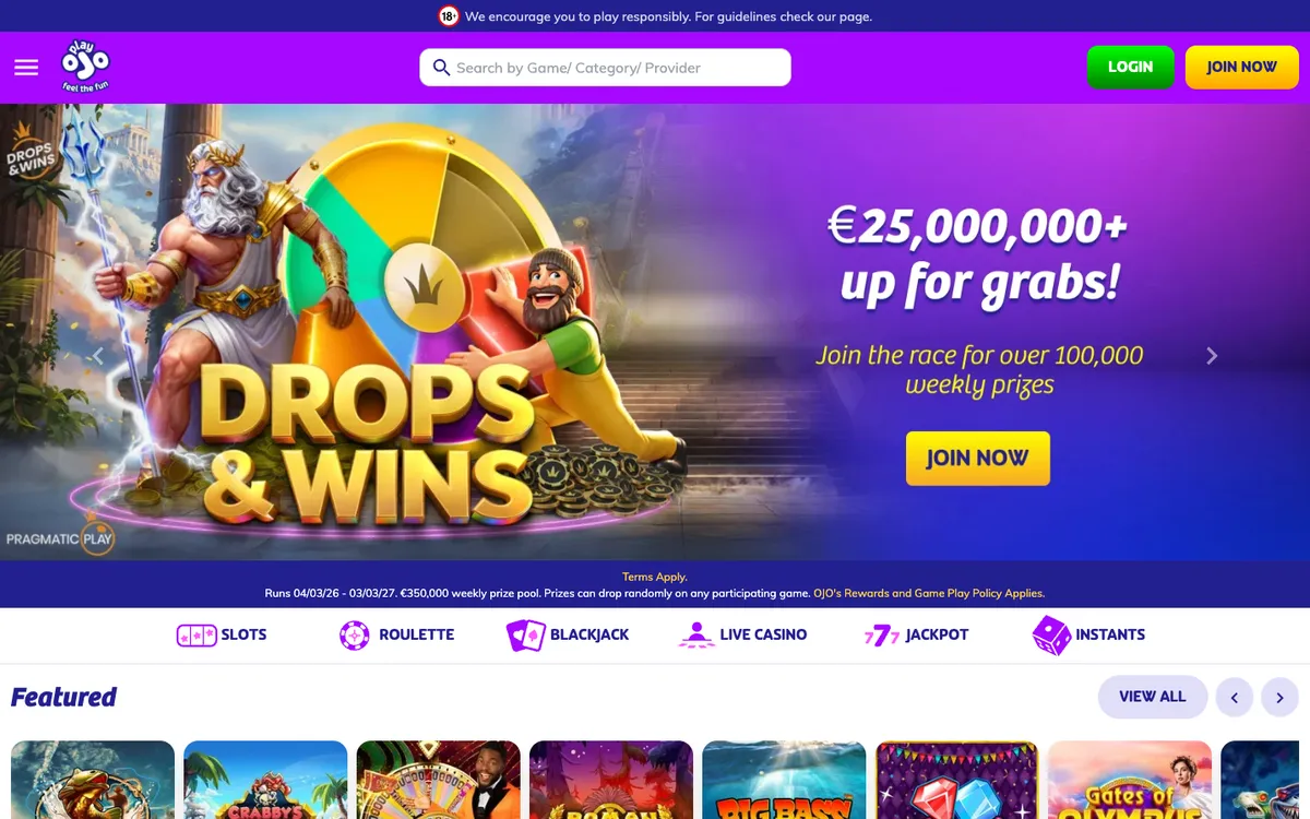 PlayOJO Casino — Home page, captured from New Zealand