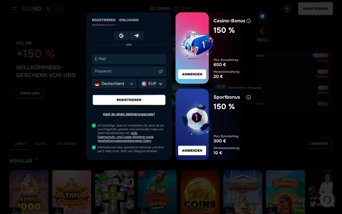 Gizbo Casino — Home page, captured from Germany
