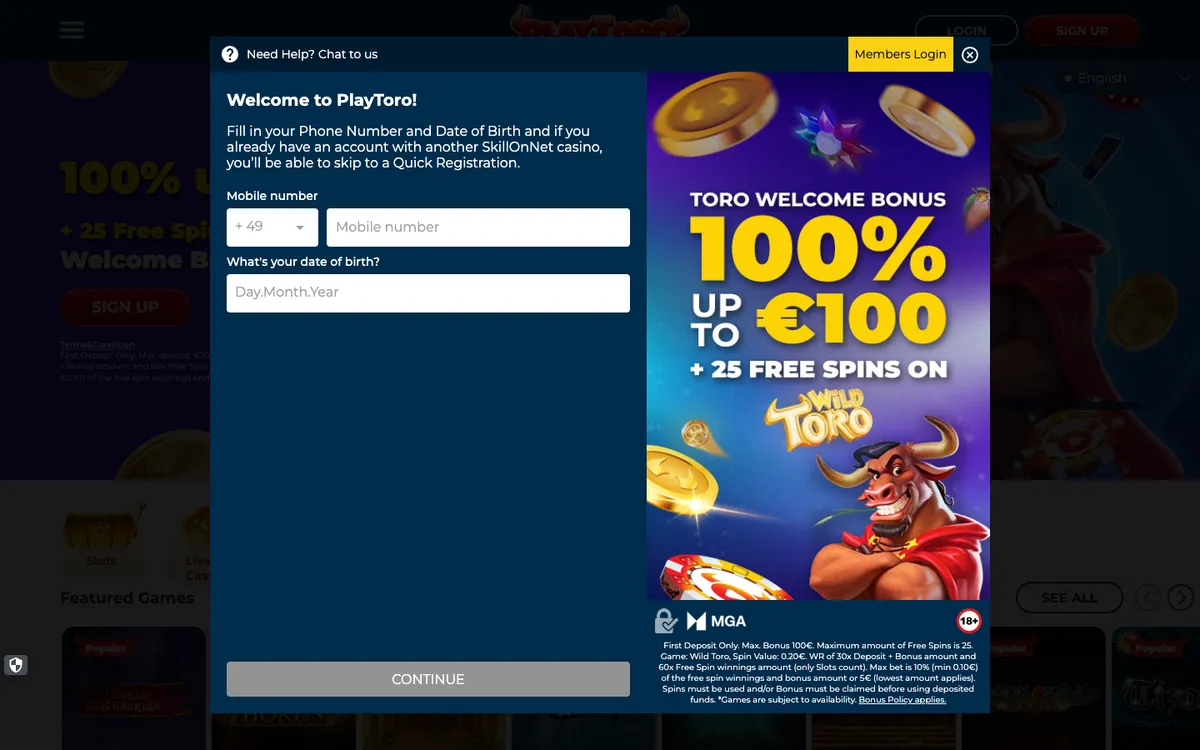 PlayToro Casino — «Регистрация», снято из страны Германия