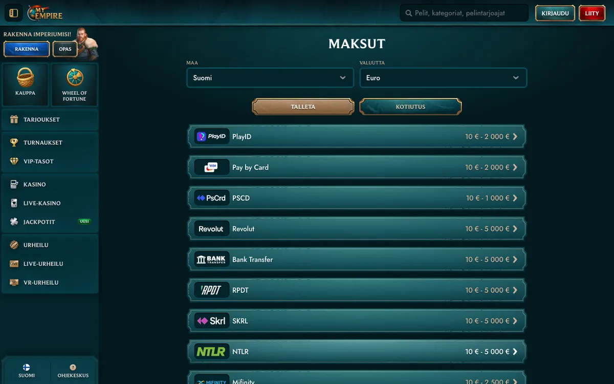 MyEmpire Casino — «Платежи», снято из страны Финляндия