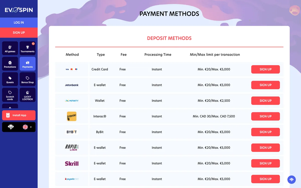 Evospin Casino — Payments, captured from United Arab Emirates