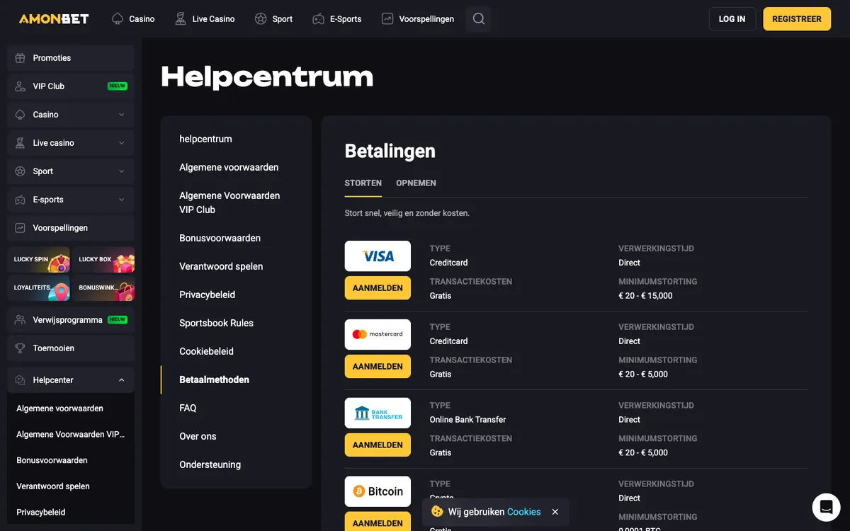 Amonbet Casino — Payments, captured from Belgium