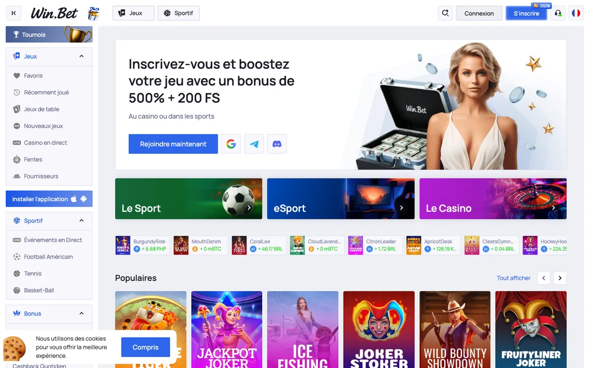 Win.Bet Casino — Home page, captured from France