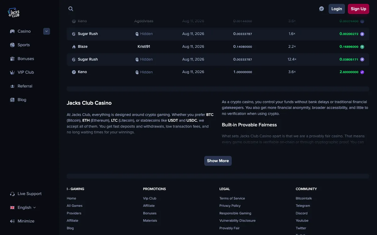 Jacks Club Casino — Home page, captured from Italy
