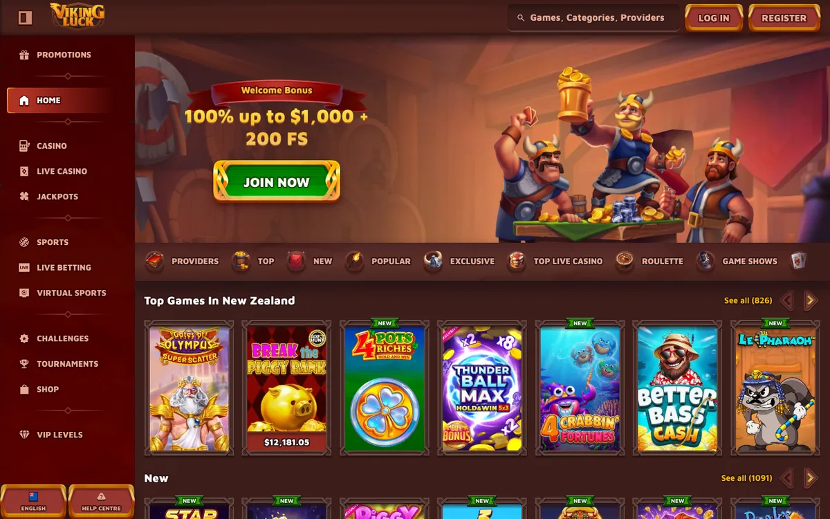 VikingLuck Casino — «Главная», снято из страны Новая Зеландия