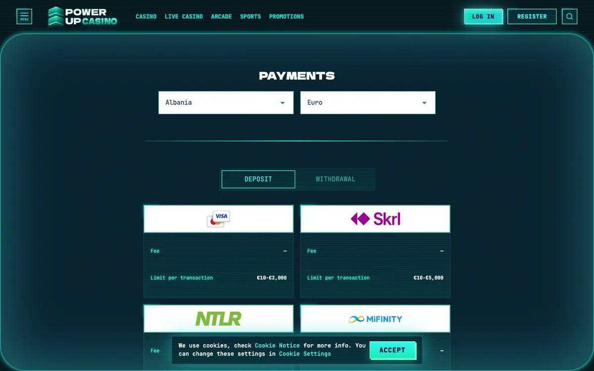 PowerUp Casino — «Платежи», снято из страны Финляндия
