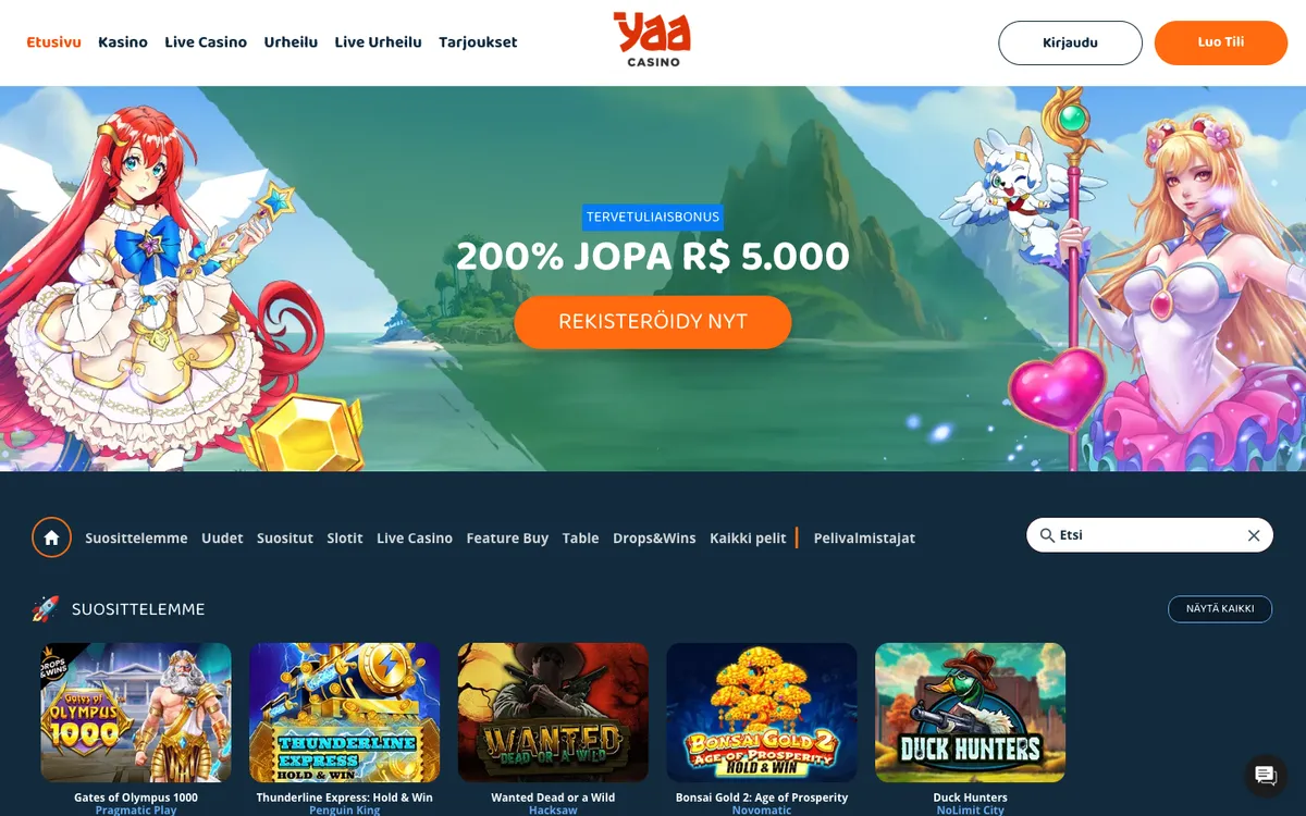 YaaCasino — Home page, captured from Finland