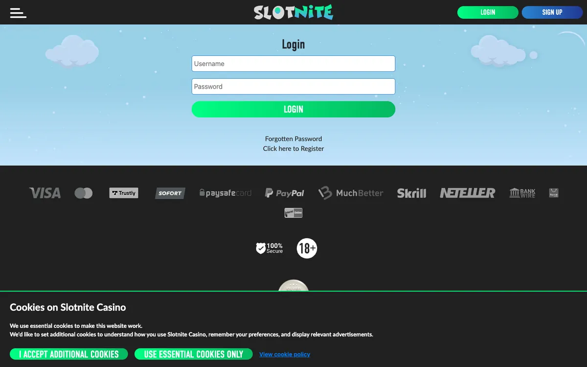 Slotnite Casino — «Регистрация», снято из страны Норвегия
