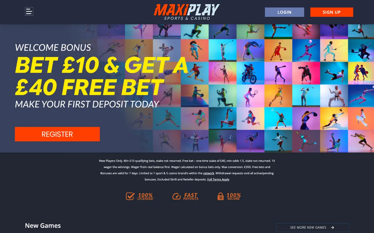 MaxiPlay Casino — «Главная», снято из страны Великобритания