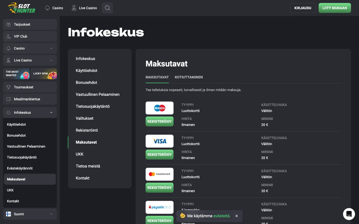 Slot Hunter Casino — Payments, captured from Finland