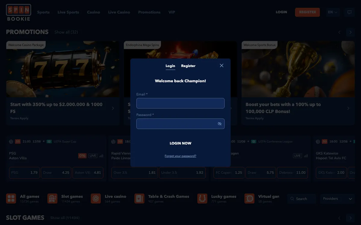 Spinbookie Casino — Sign-up, captured from Chile