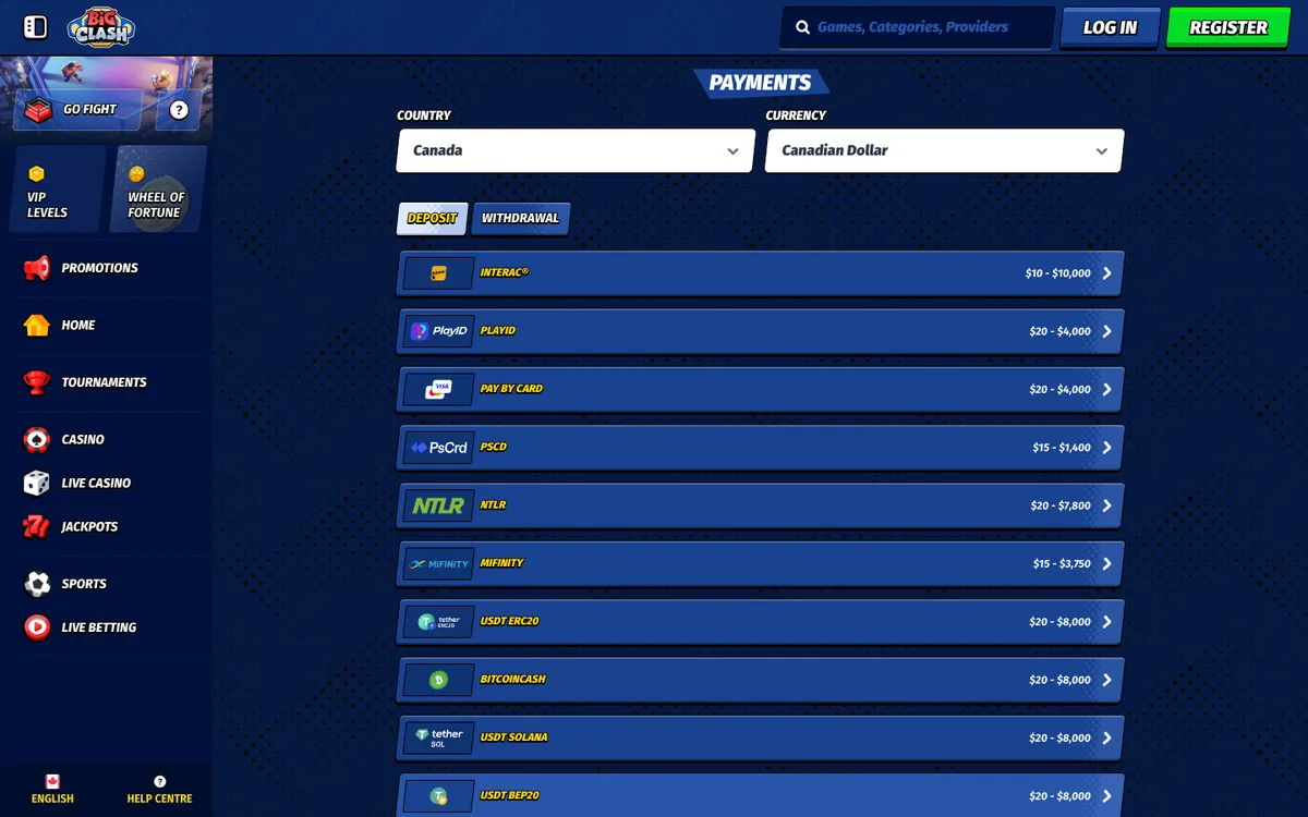 BigClash Casino — Payments, captured from Canada