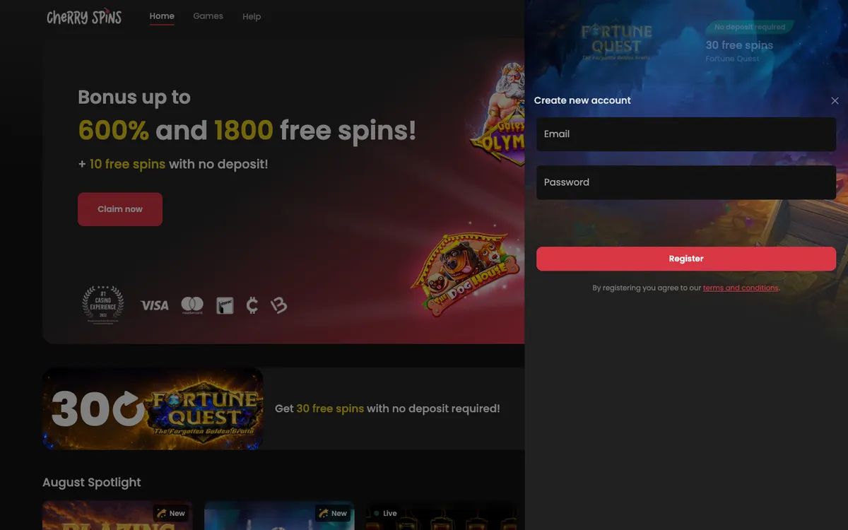 Cherry Spins Casino — «Регистрация», снято из страны Австрия