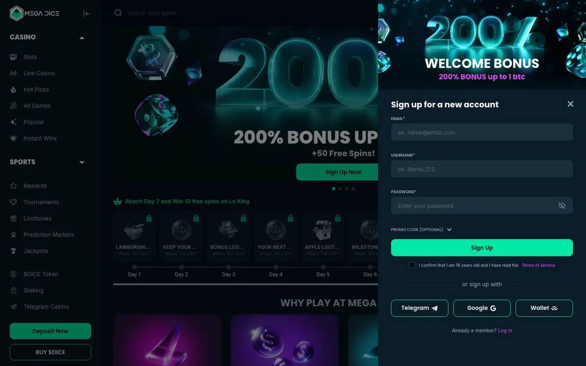 Mega Dice Casino — «Регистрация», снято из страны Индонезия