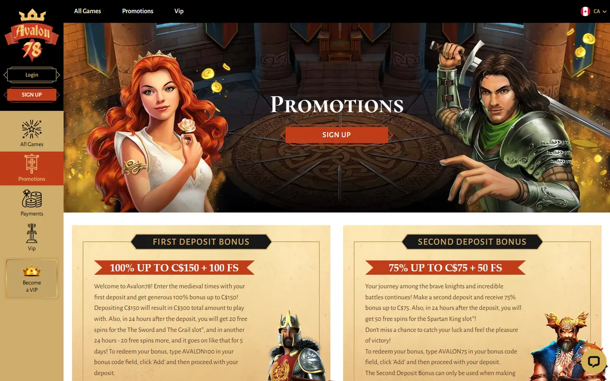 Avalon78 Casino — Promotions, captured from Canada