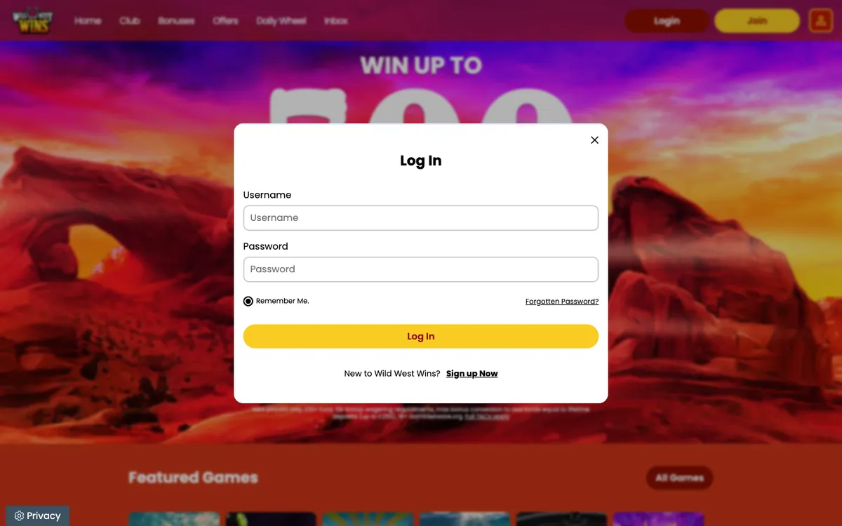 Wild West Wins Casino — Sign-up, captured from United Kingdom
