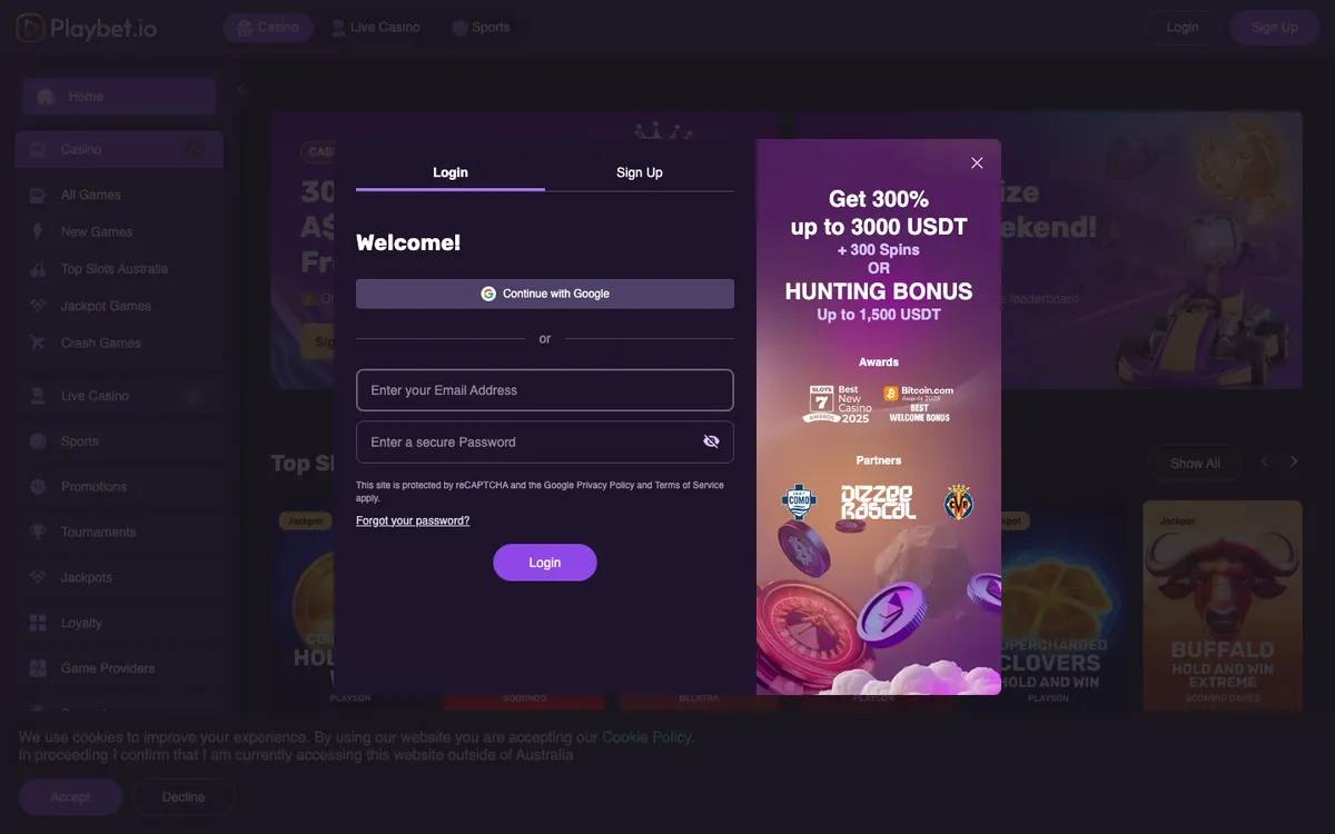 Playbet.io Casino — Sign-up, captured from Australia