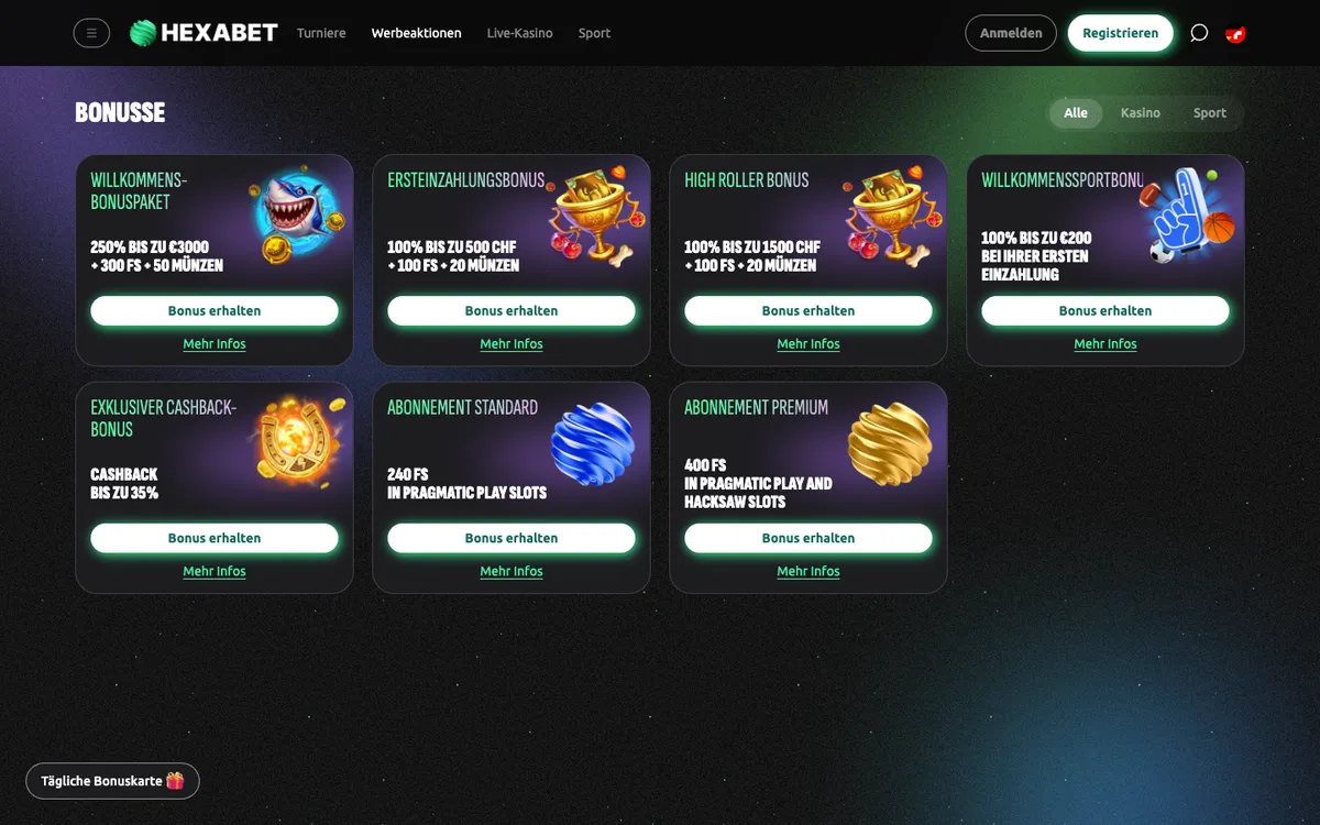 Hexabet Casino — Promotions, captured from Switzerland