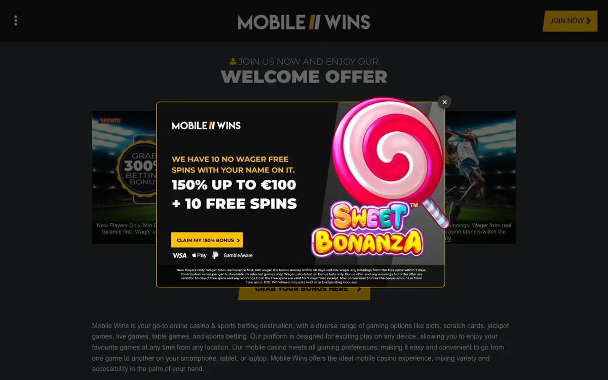 Mobile Wins Casino — Home page, captured from Austria