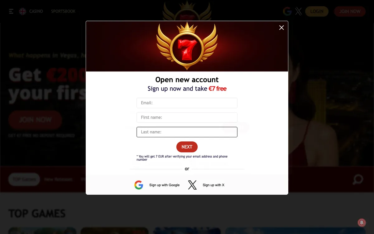 7Red Casino — «Регистрация», снято из страны Франция