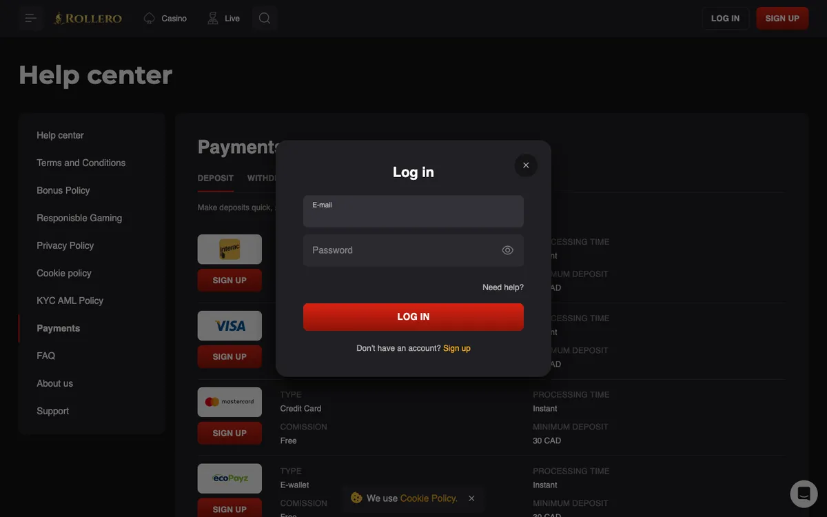 Rollero Casino — Sign-up, captured from Canada