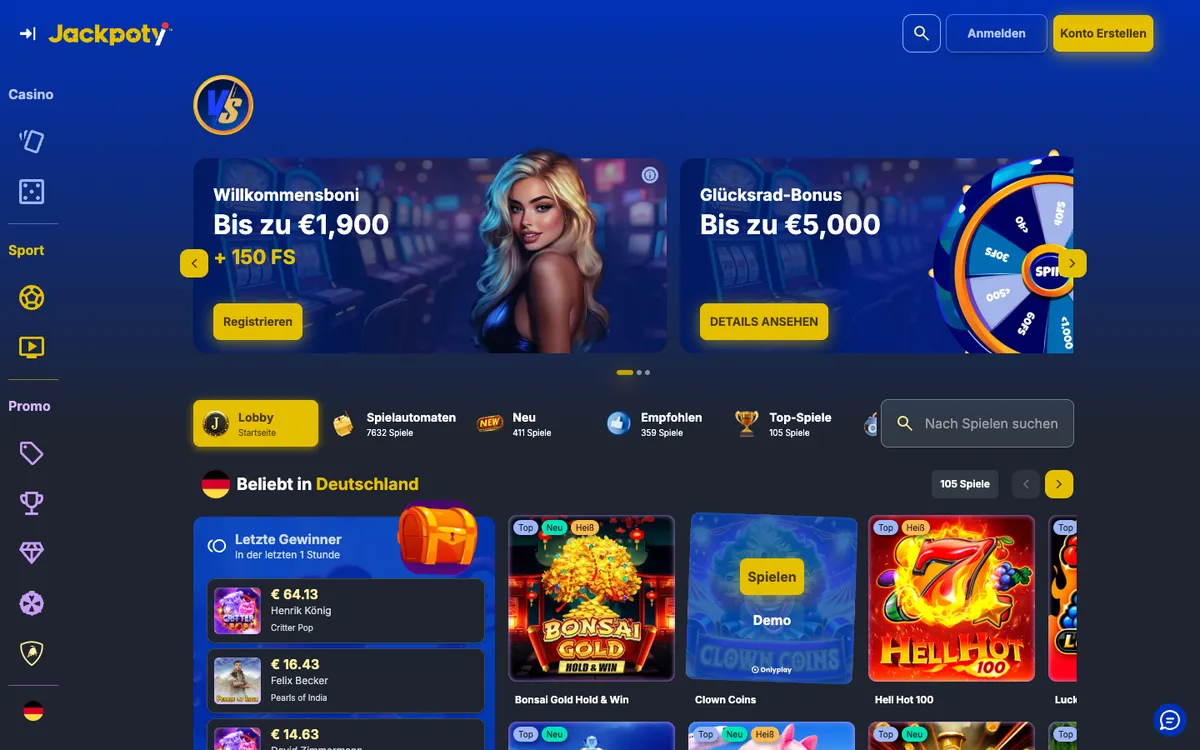 Jackpoty Casino — Home page, captured from Germany