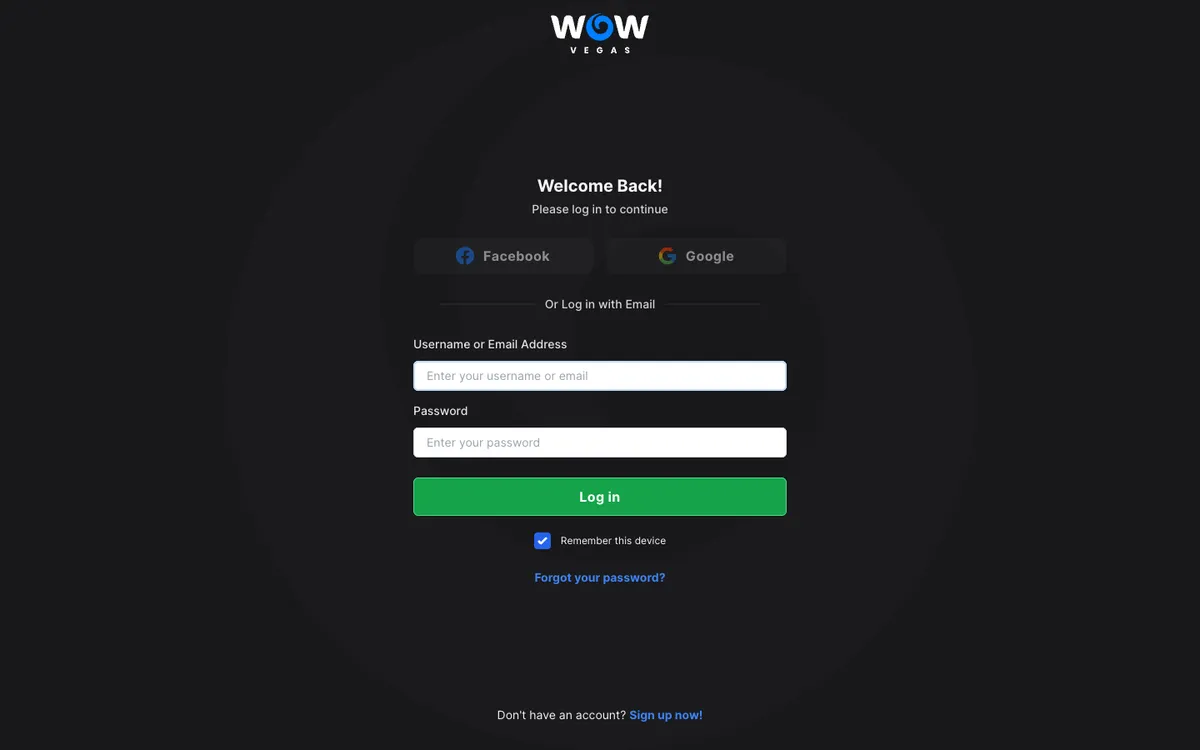 WOW Vegas Casino — Sign-up, captured from United States