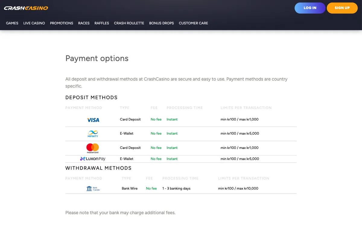 CrashCasino — Payments, captured from Norway