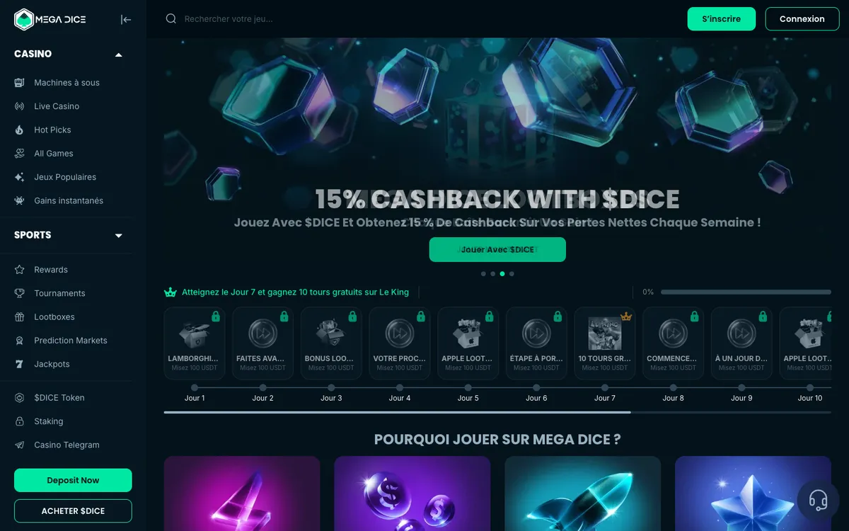 Mega Dice Casino — Home page, captured from France