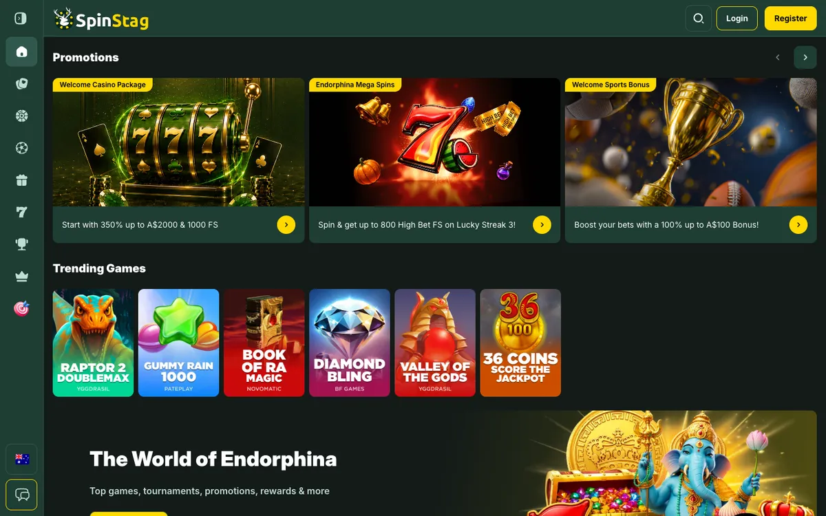 SpinStag Casino — Home page, captured from Australia