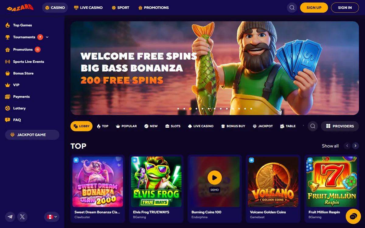 Dazard Casino — Home page, captured from Canada