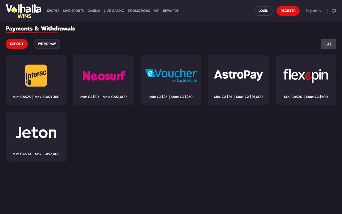 Valhalla Wins Casino — «Платежи», снято из страны Канада