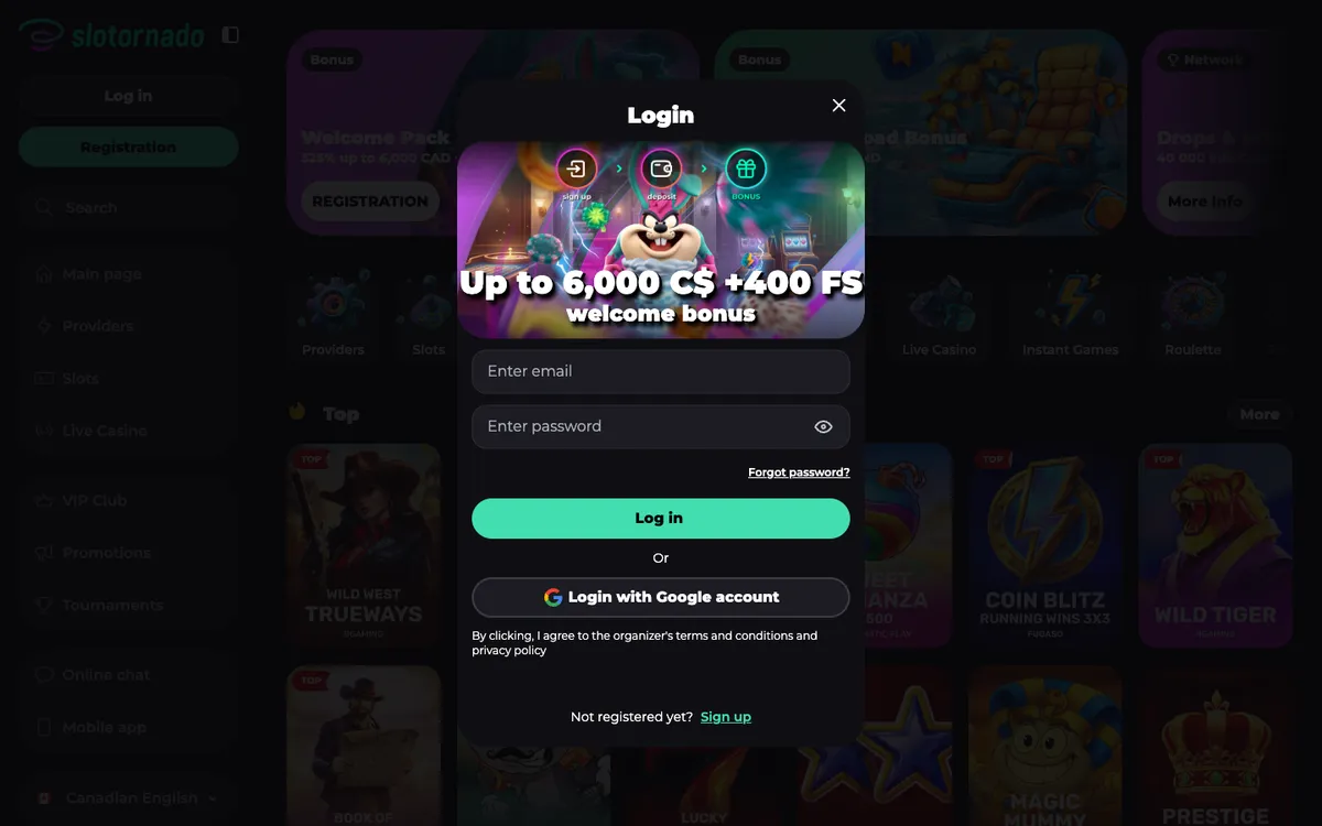 Slotornado Casino — Payments, captured from Canada