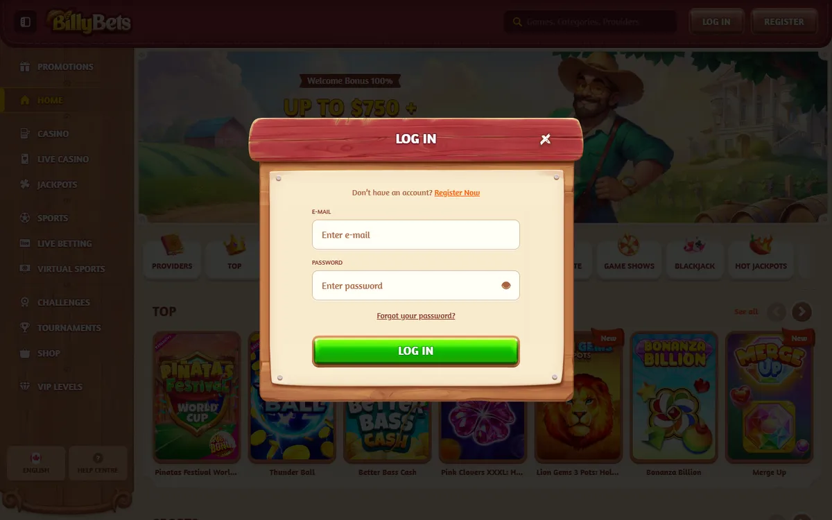 BillyBets Casino — Sign-up, captured from Canada