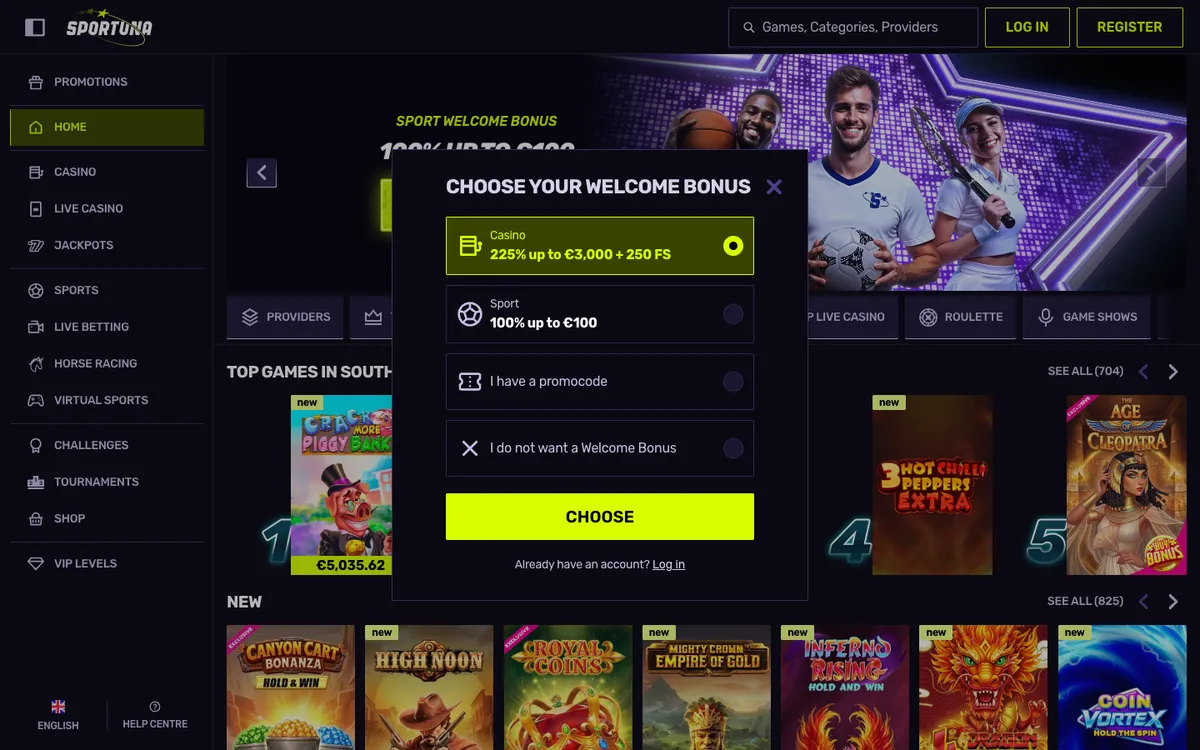 Sportuna Casino — Sign-up, captured from South Africa